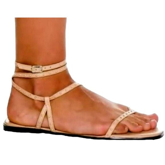 Marc Fisher NALICA Nude Leather Studded Strappy Wrap Sandal SZ 6M Square Toe NEW - Picture 2 of 10